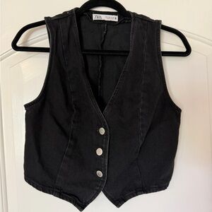 Zara Black Denim Cropped Button-Front Vest